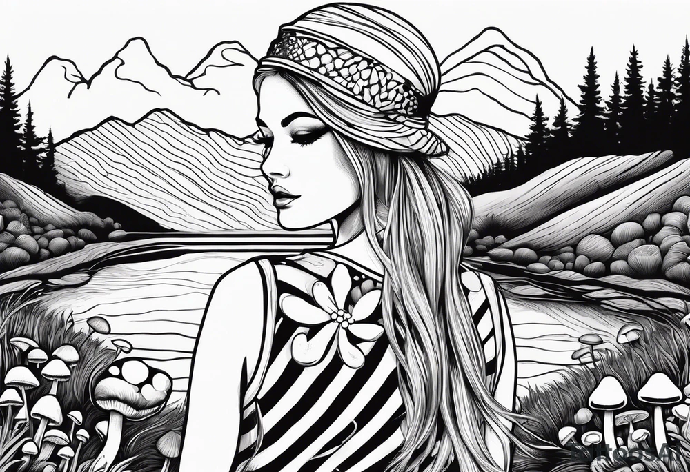 Straight long blonde hair girl in distance holding mushrooms in hand facing away toward mountains and creek surrounded by mushrooms black and white striped dress tattoo idea