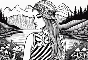Straight long blonde hair girl in distance holding mushrooms in hand facing away toward mountains and creek surrounded by mushrooms black and white striped dress tattoo idea