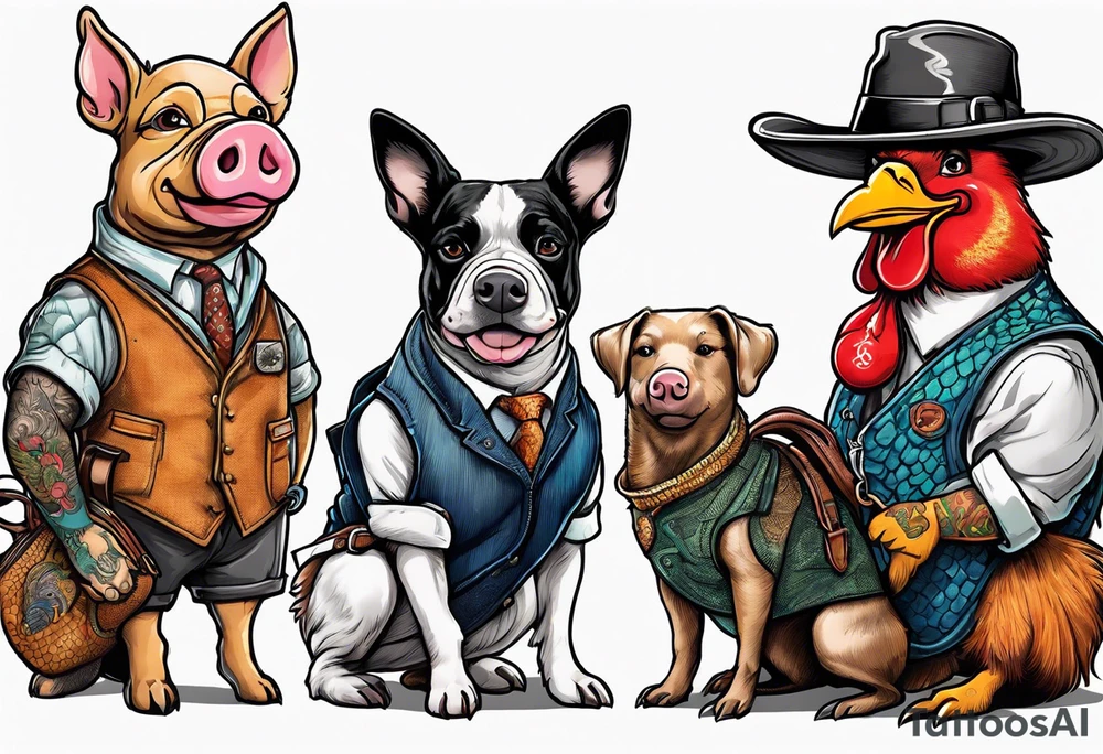 from left to right. dog wearing a smoking vest. Pig wearing a shirt. Dragon carries a handbag. Chicken carrying a handbag tattoo idea