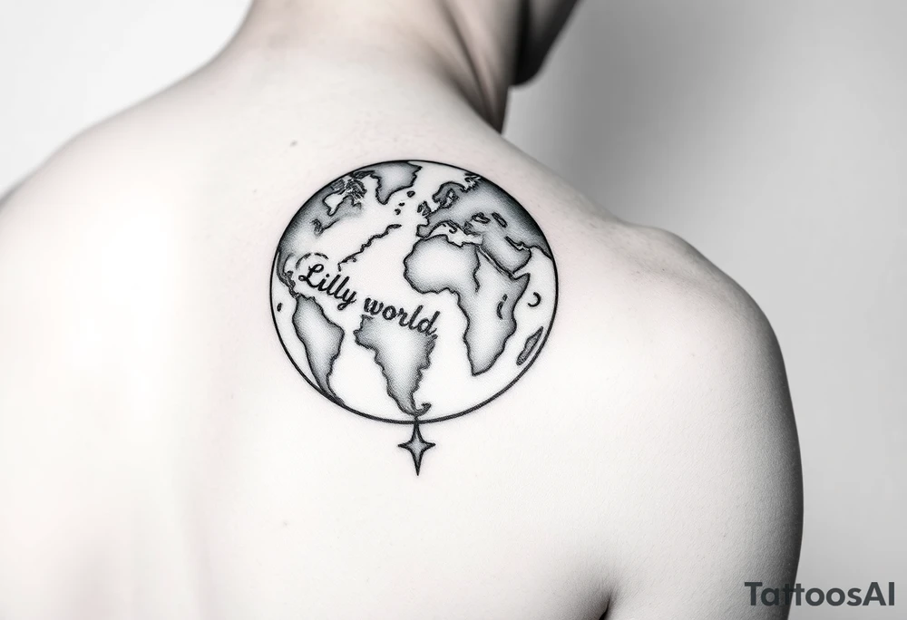 a globe with Lilly’s world and 16.05.23 on the shoulder tattoo idea