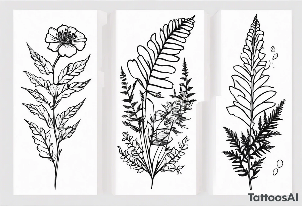 vertical mixed wildflower with ferns and with light color tattoo idea