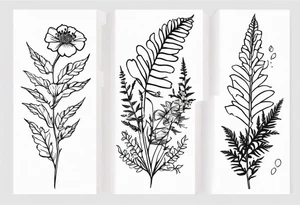 vertical mixed wildflower with ferns and with light color tattoo idea