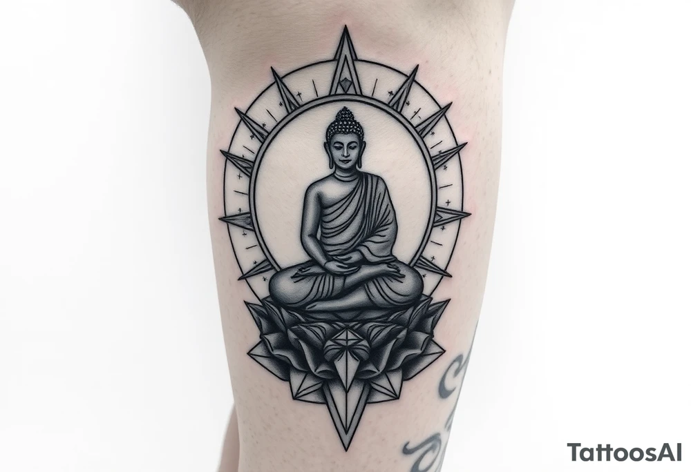 leg tattoo with buddha above knee on thigh, using sacred geometry and space themes tattoo idea