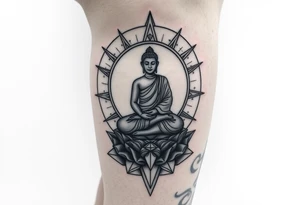 leg tattoo with buddha above knee on thigh, using sacred geometry and space themes tattoo idea