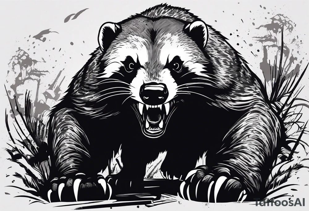 Draw me psychopath Fearless Honey Badger/Berserker with aggressive full body, killer face with a scary smile, very long nails and he attacks like a Bloody Assassin/Warrior/Gladiator to us and also, he has very deadly looking. He fights with his nails only. Everybody scares after their first sight. Give me horror type Badger Tattoo. I want to see his Realistic full body with no weapons. You can show destruction at the back. tattoo idea