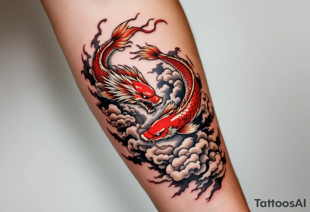 Red Koi and Dragon through swirling clouds, representing transformation and victory. tattoo idea