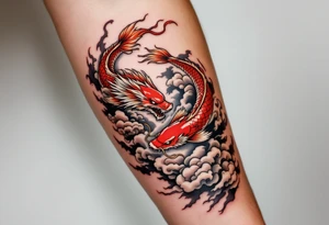 Red Koi and Dragon through swirling clouds, representing transformation and victory. tattoo idea