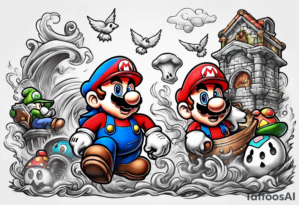 Mario brothers with ghosts and goombas with canons tattoo idea