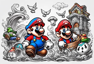 Mario brothers with ghosts and goombas with canons tattoo idea