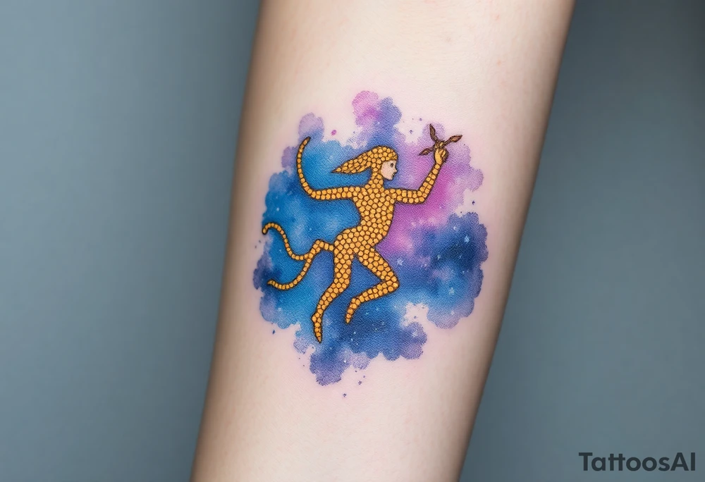 A night sky with Sagittarius figure made of glowing golden dots, surrounded by a soft watercolor galaxy in deep blues and purples tattoo idea