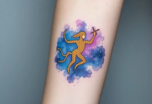 A night sky with Sagittarius figure made of glowing golden dots, surrounded by a soft watercolor galaxy in deep blues and purples tattoo idea