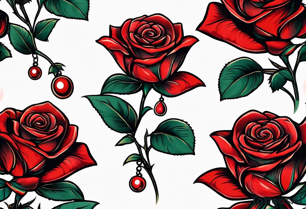 Red rose with a pearl necklace dangling tattoo idea