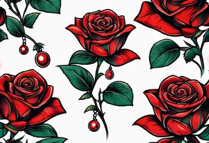 Red rose with a pearl necklace dangling tattoo idea