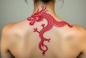 Big red chinese dragon along spine tattoo idea