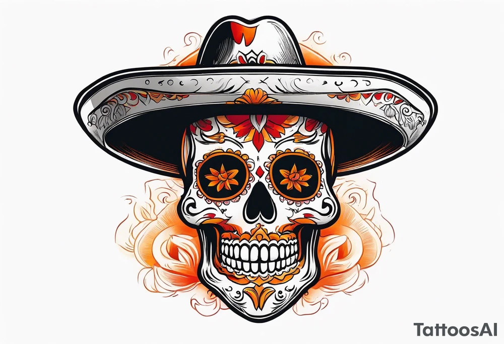 Mexican skull with sombrero with smoke coming out of the bottom orange and red tattoo idea