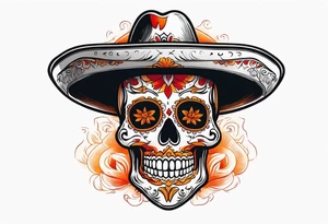 Mexican skull with sombrero with smoke coming out of the bottom orange and red tattoo idea