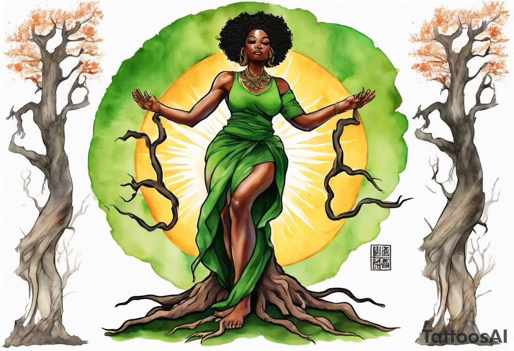 a tree trunk with roots that is a black woman from the waist up, feet made of tree roots, wearing a green tunic, arms stretched upwards towards a blazing sun tattoo idea