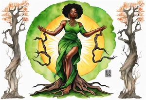 a tree trunk with roots that is a black woman from the waist up, feet made of tree roots, wearing a green tunic, arms stretched upwards towards a blazing sun tattoo idea