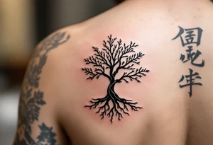 家 (jiā, “family”) in earthy brown is placed near a tree symbol for roots and legacy. tattoo idea
