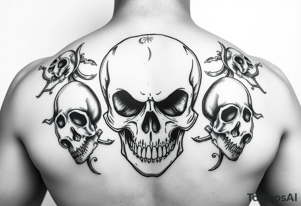 hyper realistic black and grey skull back tattoo,
one dominant central skull,
extreme depth and high contrast,
minimal background,
no extra skulls,
no cemetery,
clean composition,
tattoo ready,
long term readability,
full back placement tattoo idea