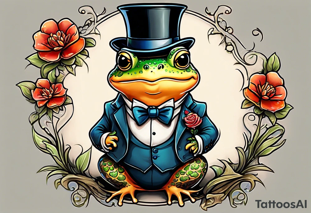 Cute toad standing on back legs  in a top hat and a formal suit holding flowers to go on a date tattoo idea