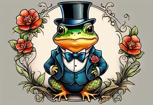 Cute toad standing on back legs  in a top hat and a formal suit holding flowers to go on a date tattoo idea