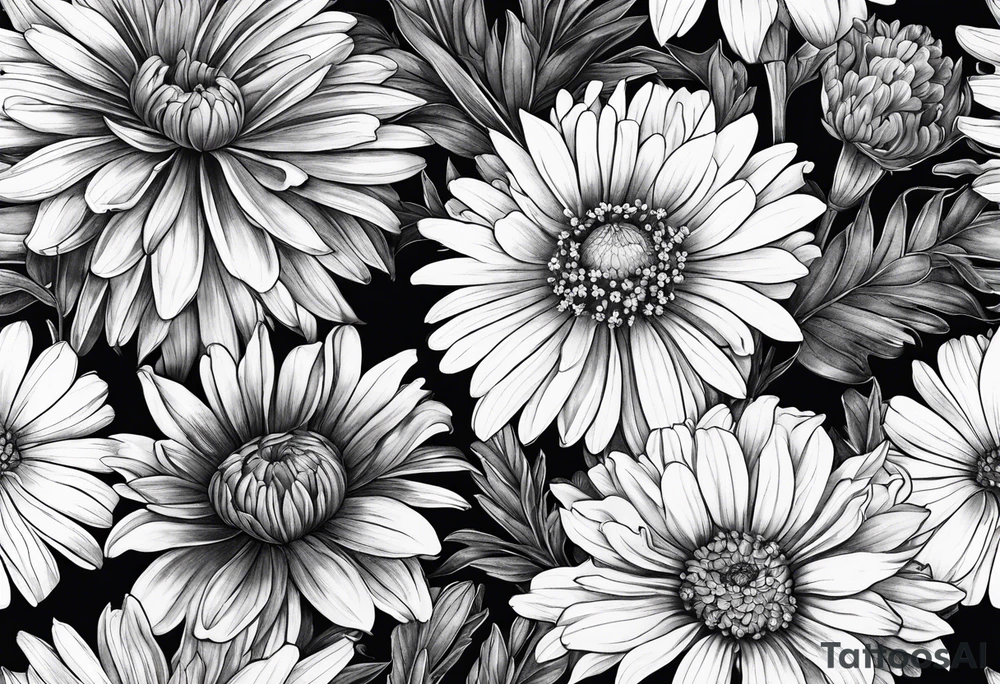 botanical illustration of full plant aster, daisy, and carnations tattoo idea
