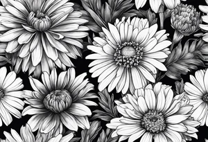 botanical illustration of full plant  aster, daisy, and carnations tattoo idea