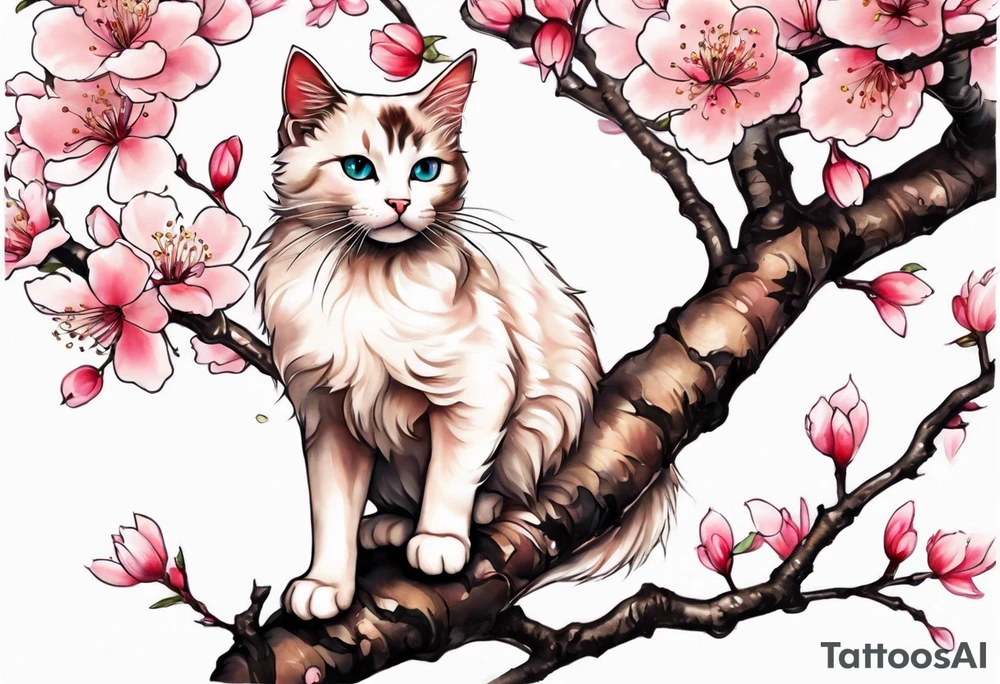 A kitty perched upon a cherry blossom  branch for a tatto on my biceps tattoo idea