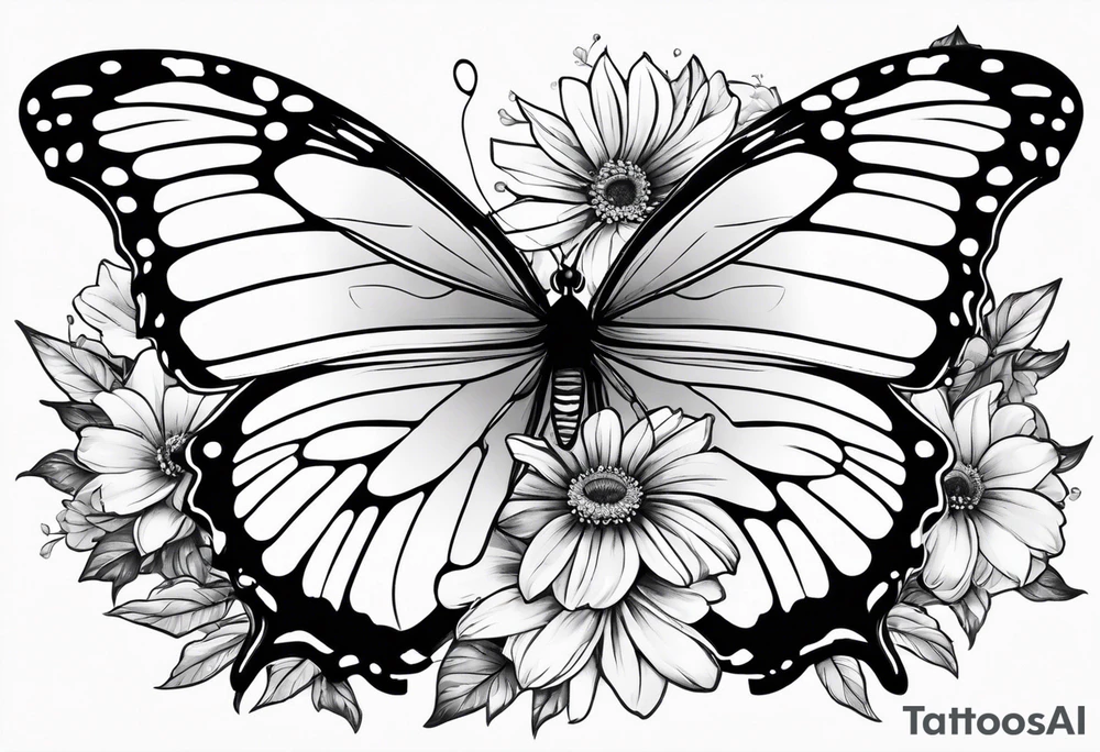 Butterfly with aster and morning glory flowers on 2 wings tattoo idea