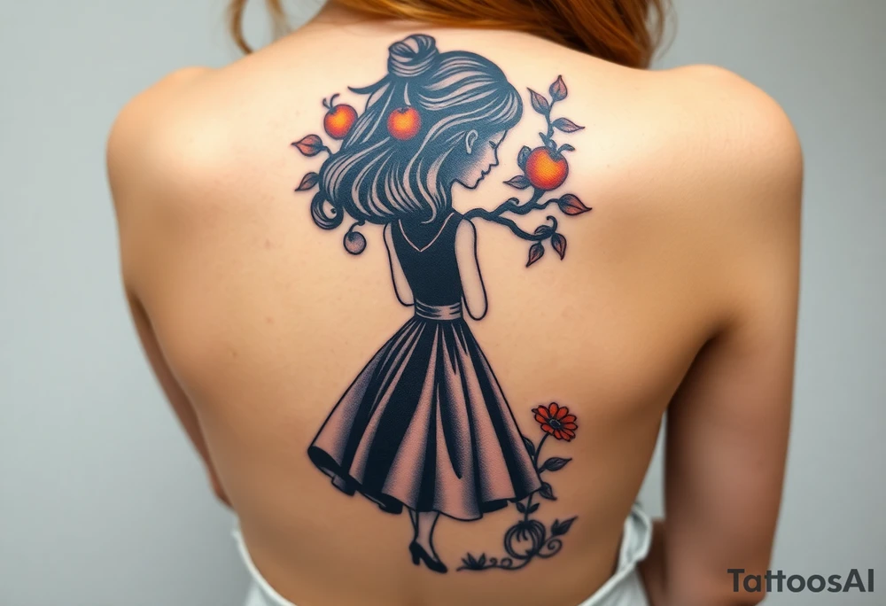 Alice in wonderland's back silhouette entering a garden. There is a orange tree, and flowers there. tattoo idea