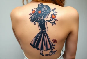 Alice in wonderland's back silhouette entering a garden. There is a orange tree, and flowers there. tattoo idea