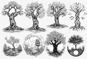 Small spring beside a oka tree plus sun in the tree trunk tattoo idea