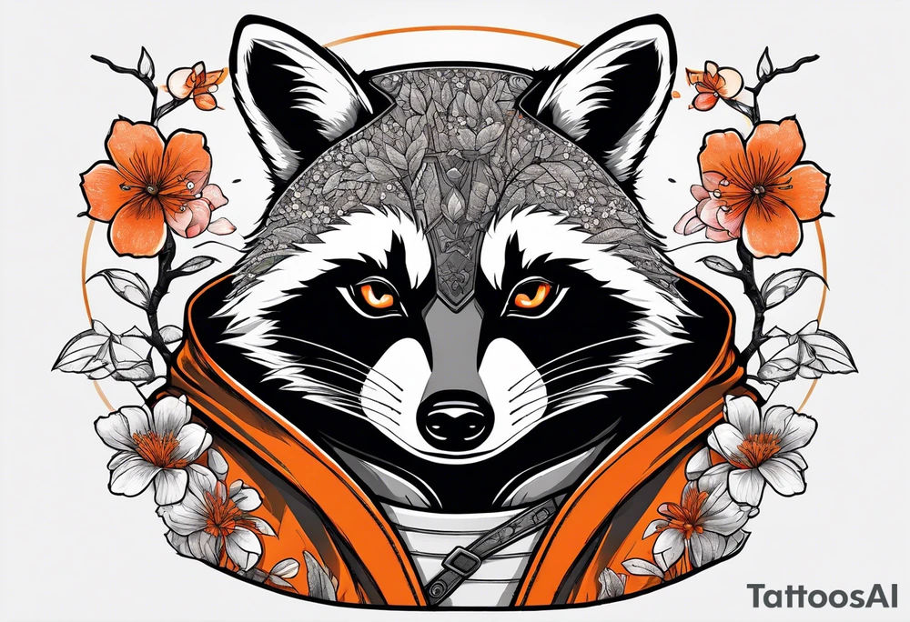 raccoon wearing a black and white Superman hoodie and orange Japanese cherry blossoms tattoo idea