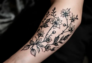 starting from a band mid-forearm, a sleeve of holly flowers and daffodils tattoo idea