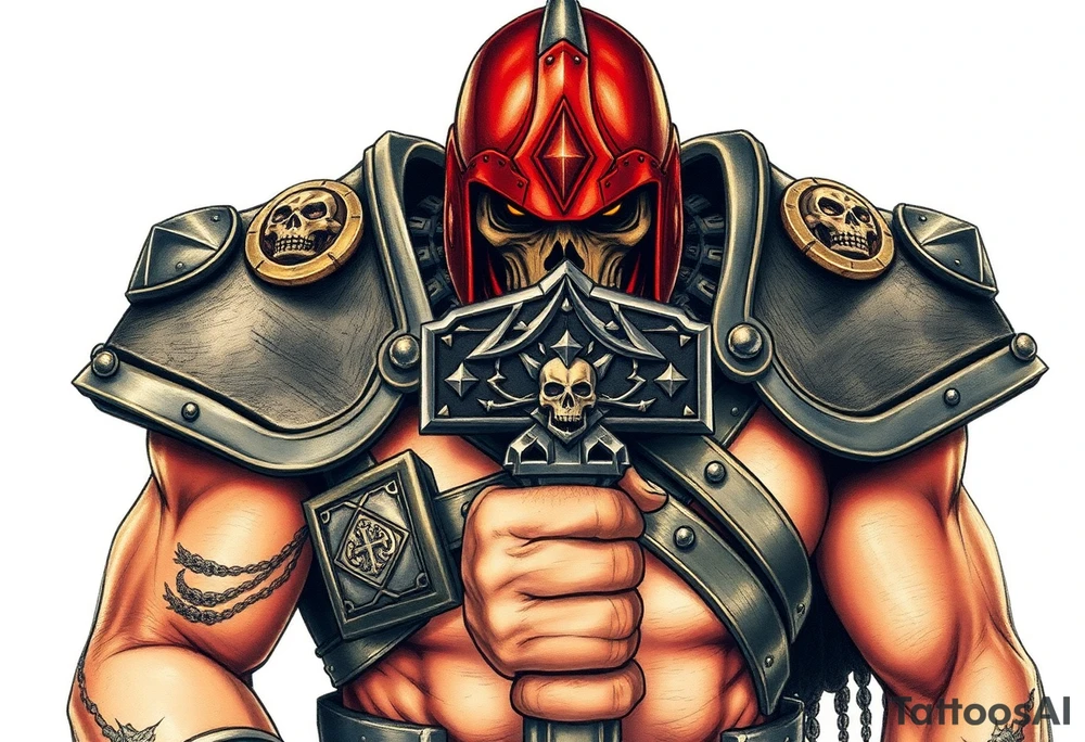 From the warhammer universe, the Old World. A warrior priest of Sigmar holding The Warhammer of Sigmar. The Warhammer of Sigmar is radiating thunderous energy. The Warhammer is held by the warrior priest with both hands upon his chest level. The Warrior priest is wearing dark alloyed heavy armour with skull sigils on his shoulder pads. The warrior priest is wearing a fully head covered helmet, while the helmets front visor has an intimidating humanoid face covering. The helmet and armour are galdened with hints of gold and crimson red. tattoo idea