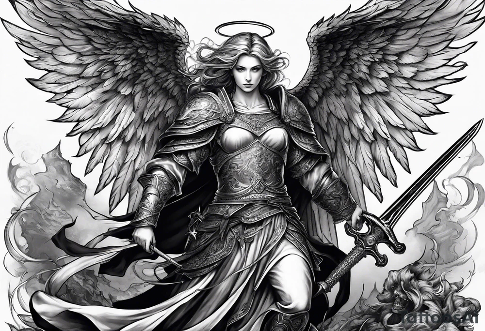 Angel with long sword on a pile of dead demons in etchwork style sleeve tattoo idea