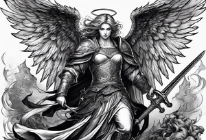 Angel with long sword on a pile of dead demons in etchwork style sleeve tattoo idea
