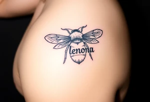 "Lenora" written in Hebrew inside of a bumblebee tattoo idea