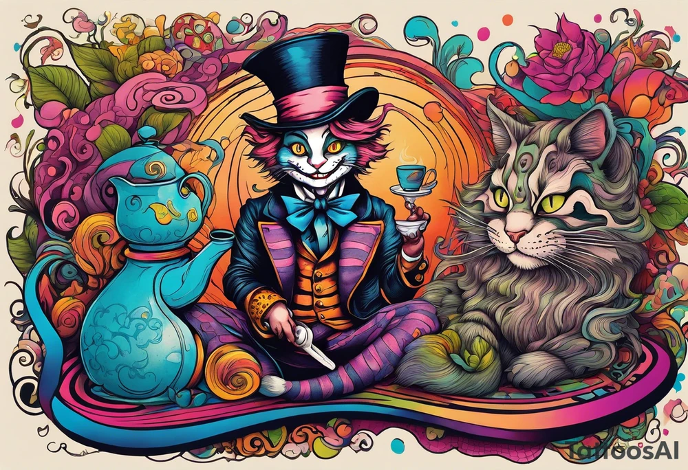 Alice in Wonderland. Mad hatter, Cheshire Cat, hook-a smoking caterpillar, eat me, drink me, we are all mad here. Colorful. Psychedelic. Playful. tattoo idea