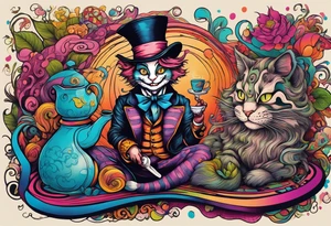 Alice in Wonderland. Mad hatter, Cheshire Cat, hook-a smoking caterpillar, eat me, drink me, we are all mad here. Colorful. Psychedelic. Playful. tattoo idea