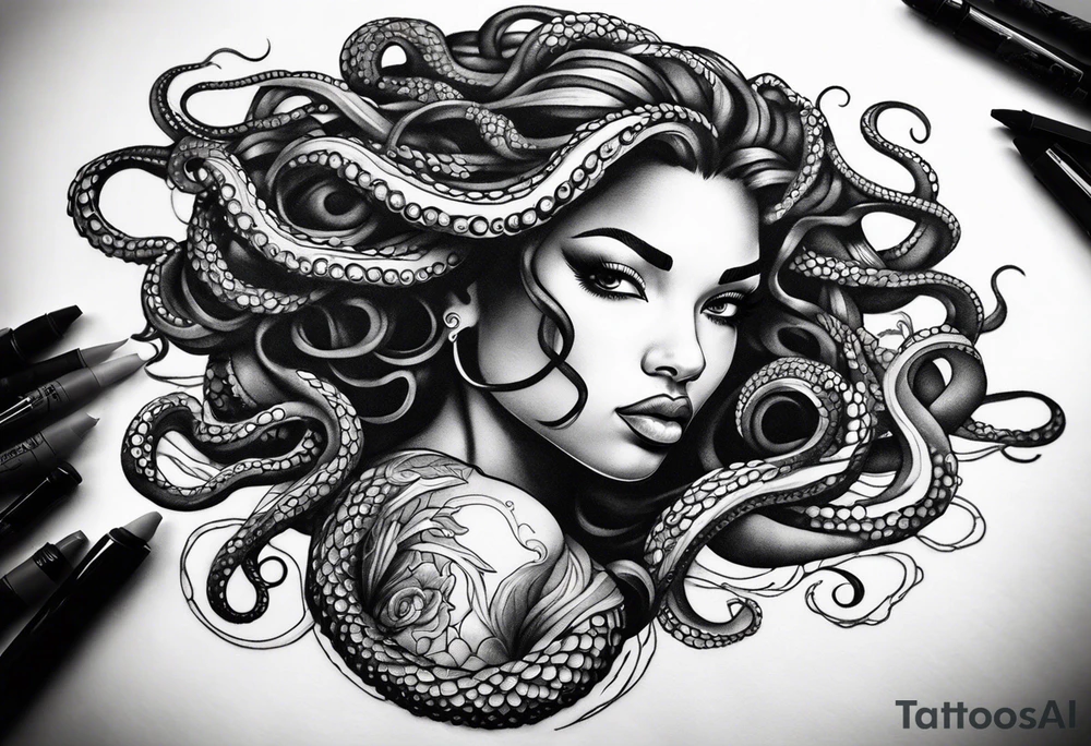 Black woman Medusa tattoo with a beautiful face only showing from the nose up. Octopus tentacles for hair tattoo idea