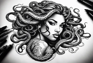 Black woman Medusa tattoo with a beautiful face only showing from the nose up. Octopus tentacles for hair tattoo idea
