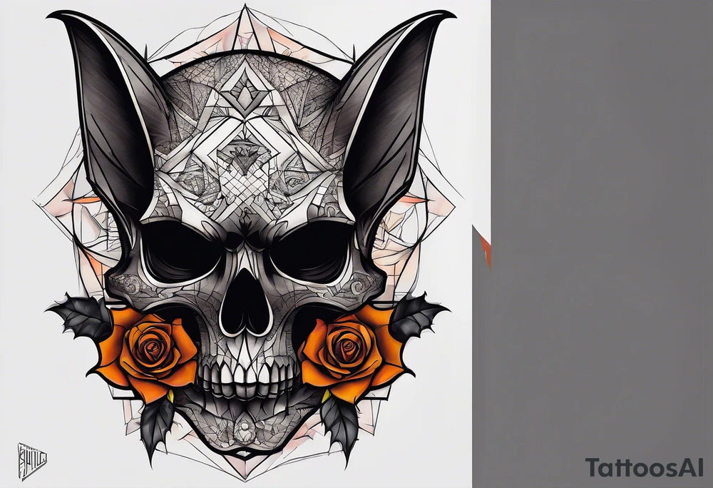 blackwork  Bat Knee tattoo in fall colors showing a large skull with a rose in the style tattoo idea