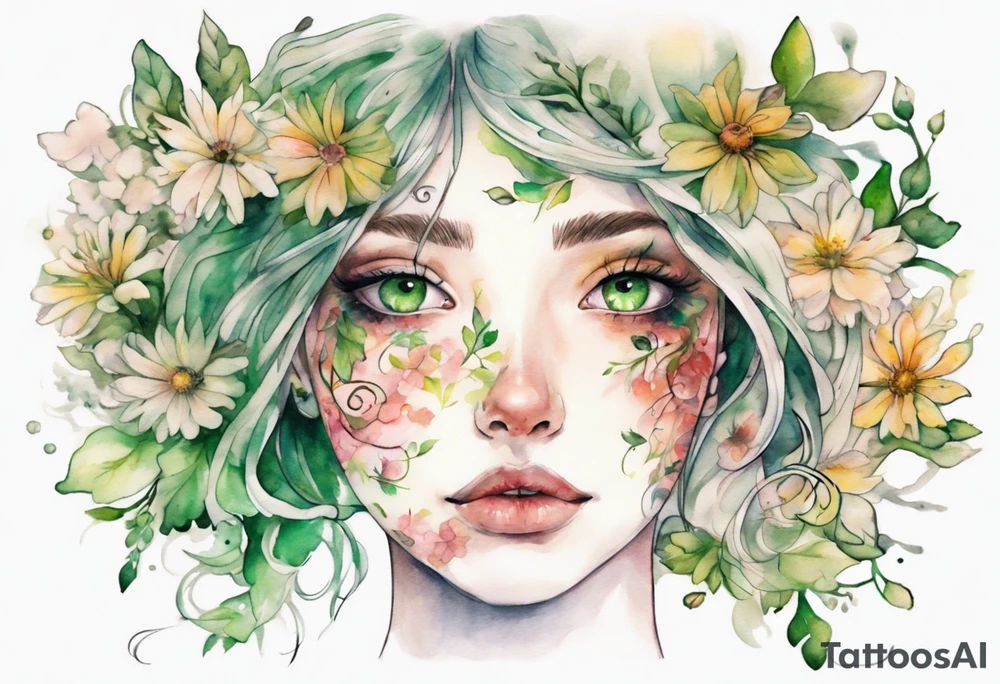 a beautiful face covered in flowers with green eyes tattoo idea