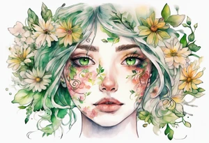 a beautiful face covered in flowers with green eyes tattoo idea