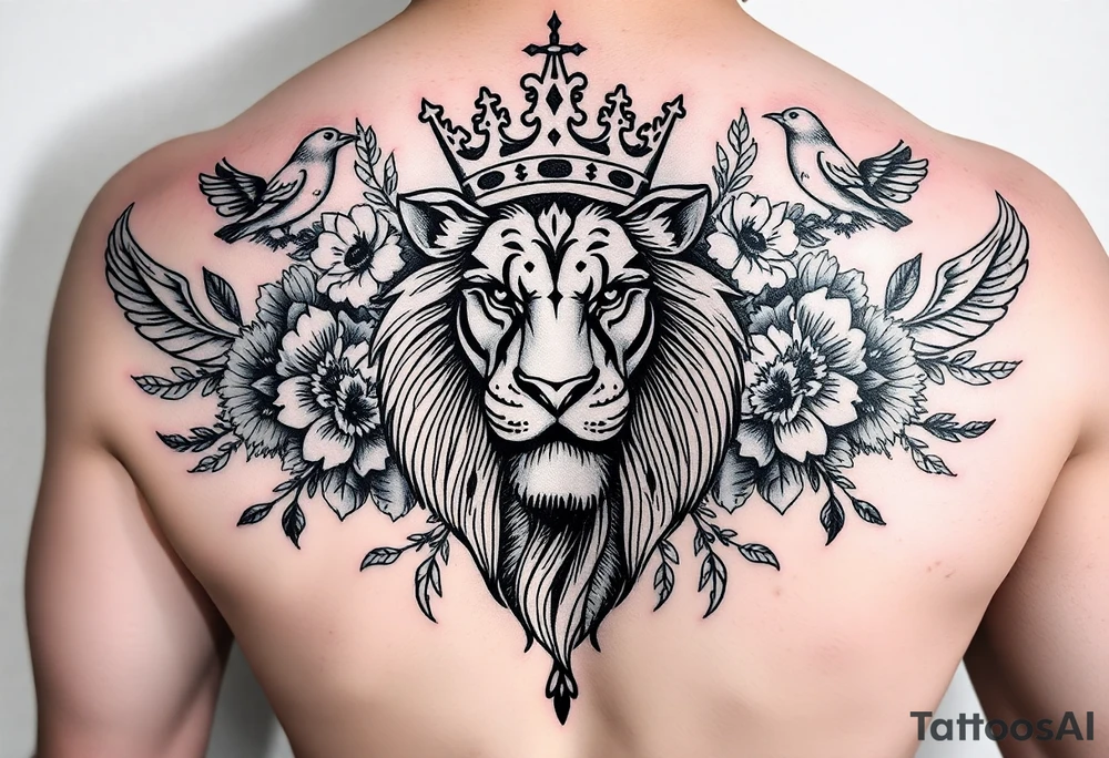 powerful majestic lion with a crown, surrounded by floral ornaments and birds tattoo idea