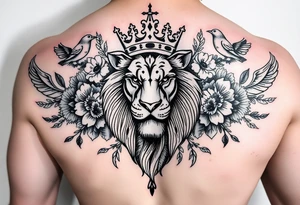 powerful majestic lion with a crown, surrounded by floral ornaments and birds tattoo idea