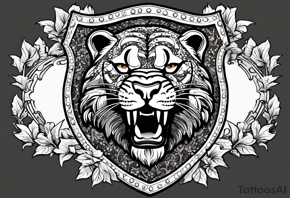 A shield with leopar head as shield's emblem. The shield would be hang on a ivy planted wall tattoo idea
