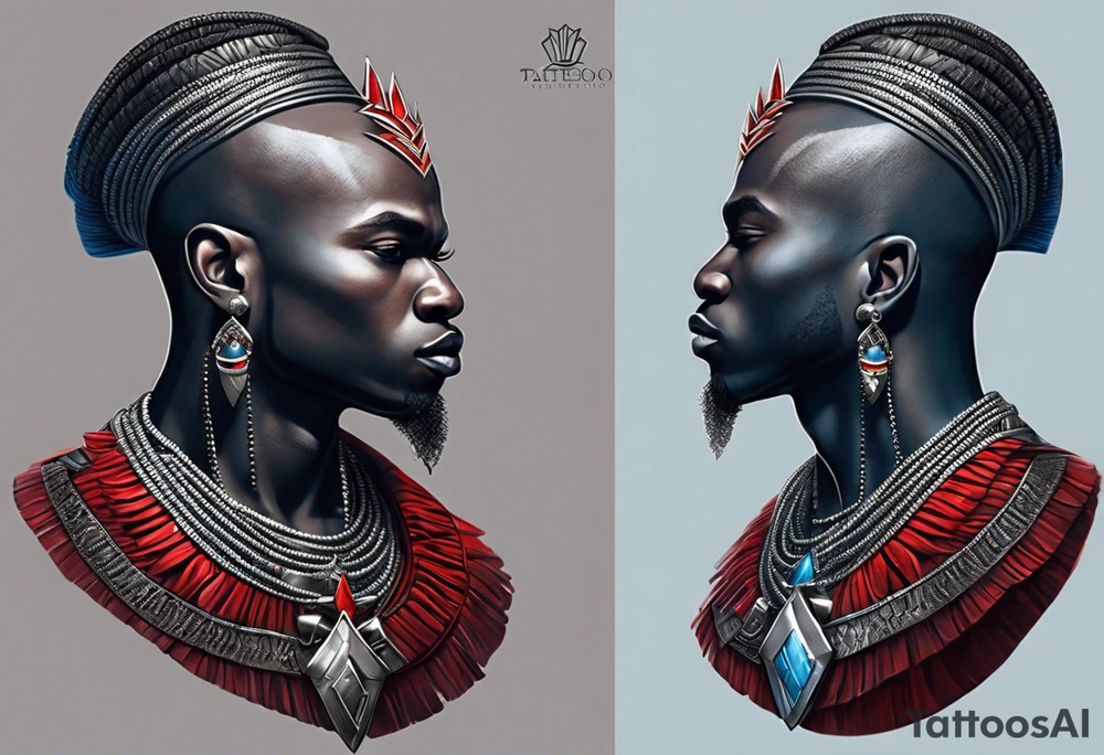 Black-skinned bald african warrior. He wears a simple and small silver crown. He uses two simple necklaces: one blue, other red. tattoo idea
